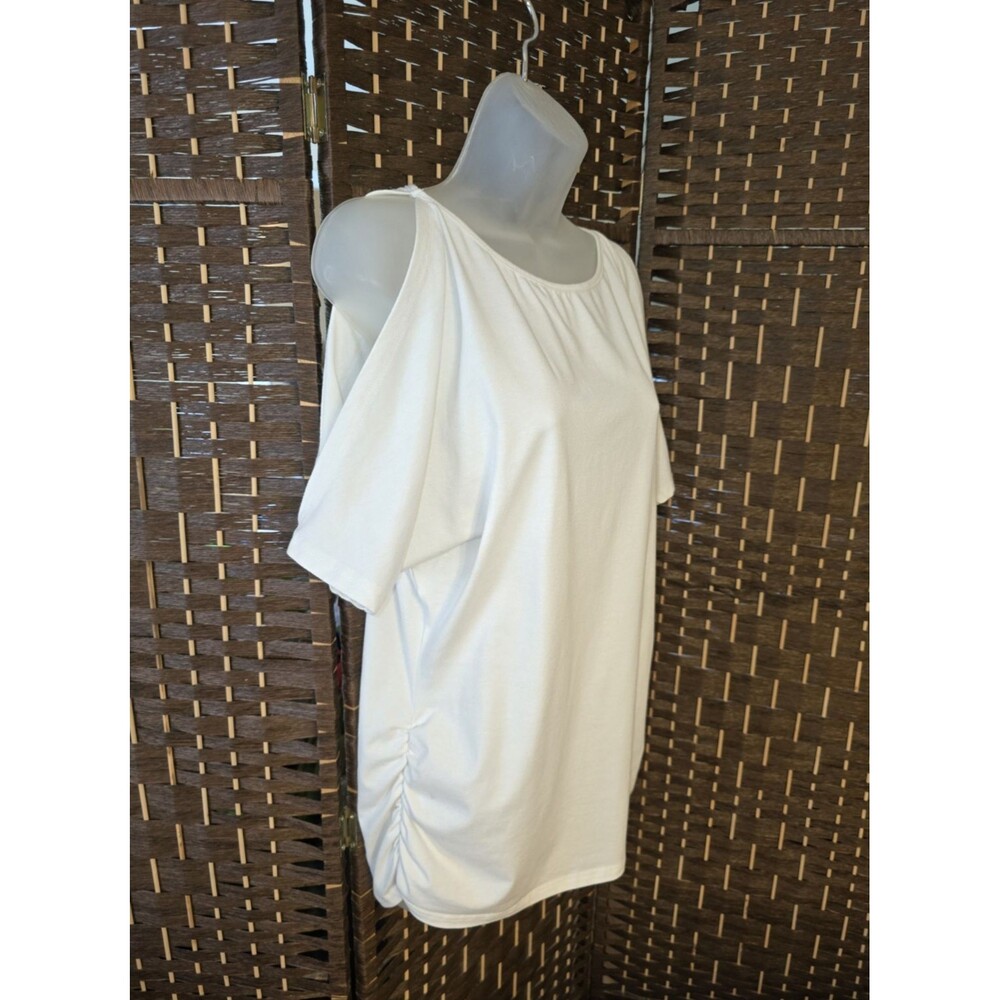 White Cold Shoulder Ruched Side Dolman Sleeve Top Blouse Large Summer Chic Soft